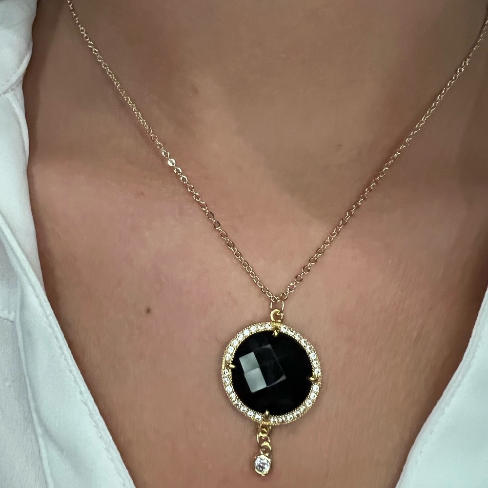 18K Gold Filled Genuine Onyx Pendant Necklace with tiny CZ Diamond Dangle